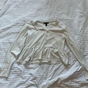 Forever 21 White Long Sleeve Peplum Henley Top